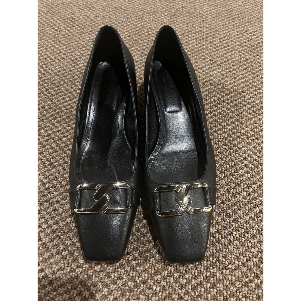 Napoleoni black Leather Gold Buckle Heels Pumps Size 41